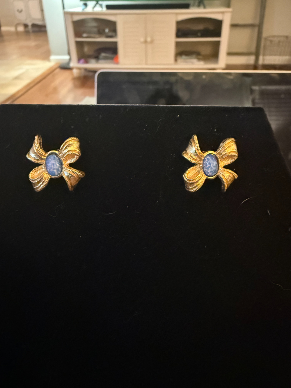 Gold Tone Blue Stone Bow Stud Earrings - Used